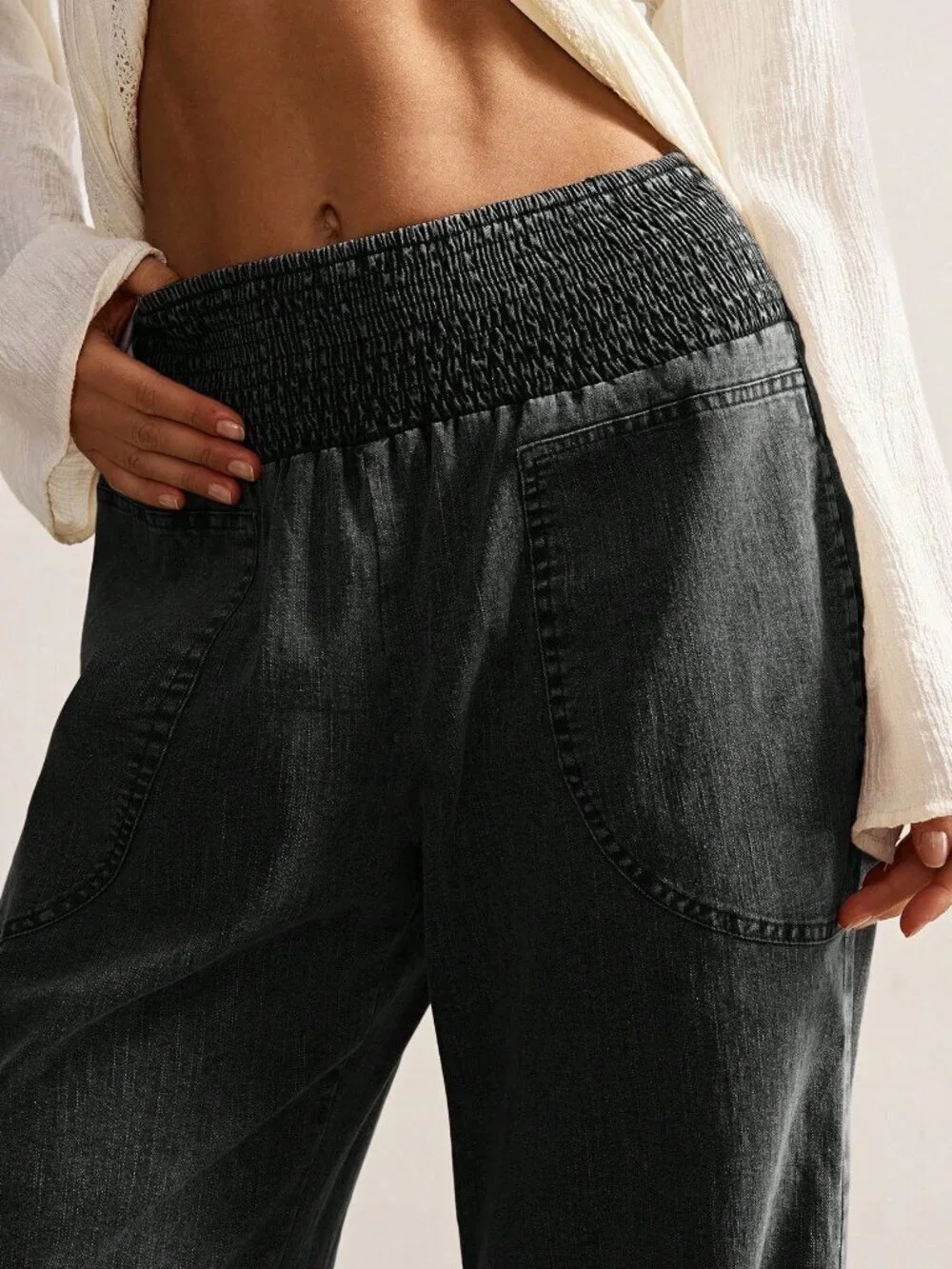 Black Casual Women's Woven Loose Low Waist Pants